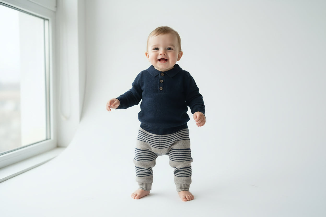 The Little Gentleman Knit Set - Organic Navy Polo & Striped Pants