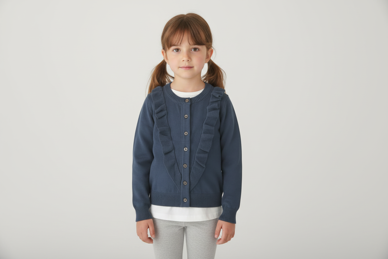 The Serene Ruffle Cardigan - Steel Blue Organic Knit