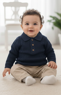 Infant Long-Sleeve Cable Accent Polo - Deep Navy