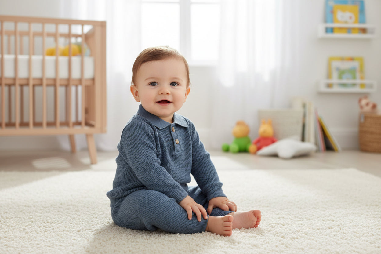 The Heirloom Set: Dusty Blue Organic Cotton Knit Polo & Pant Set