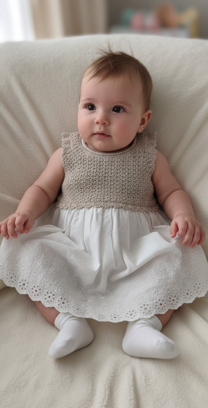 The Aria Mixed-Media Dress: Crochet Bodice &amp; Eyelet Skirt - Beige