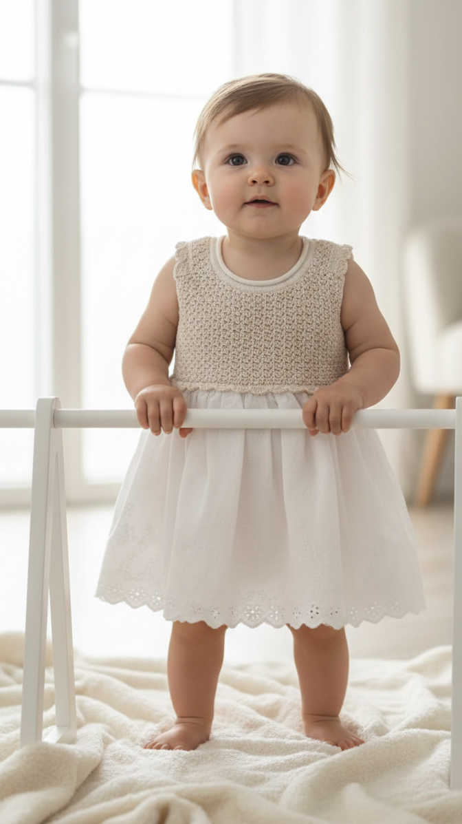 he Aria Mixed-Media Dress: Crochet Bodice & Eyelet Skirt - White