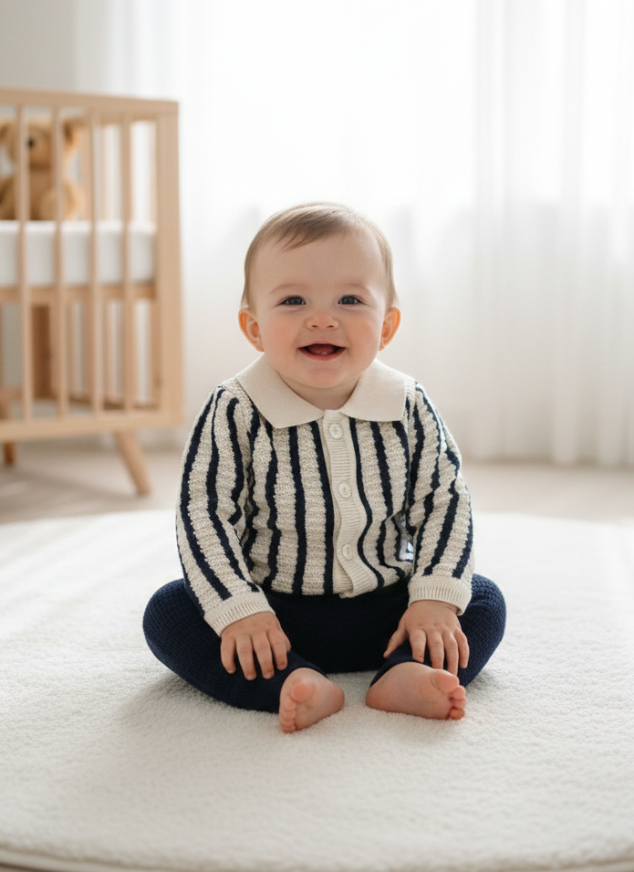 The Coastal Cardigan Set: Cream & Navy Organic Knit
