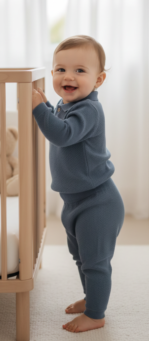 The Heirloom Set: Dusty Blue Organic Cotton Knit Polo & Pant Set