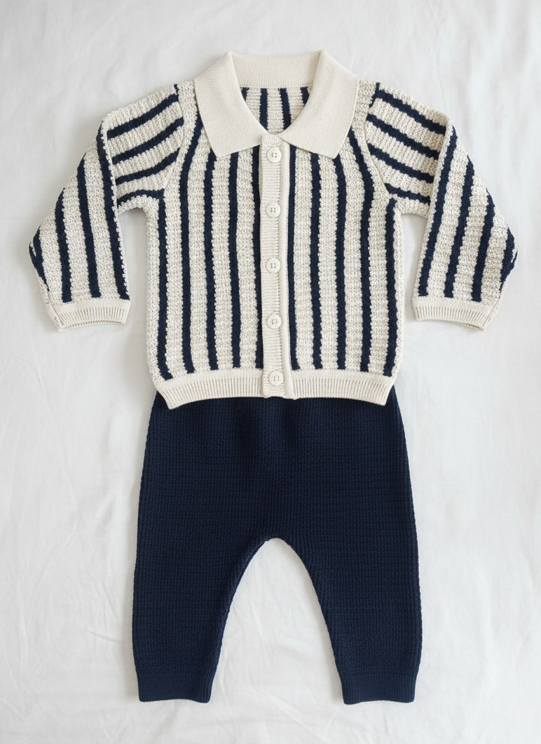 The Coastal Cardigan Set: Cream & Navy Organic Knit